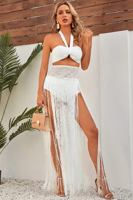 Kos Halter Fringe Bandage Dress - White