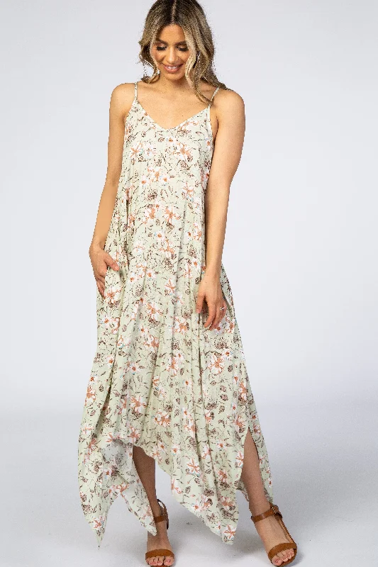 Light Mint Floral Asymmetrical Hem Dress