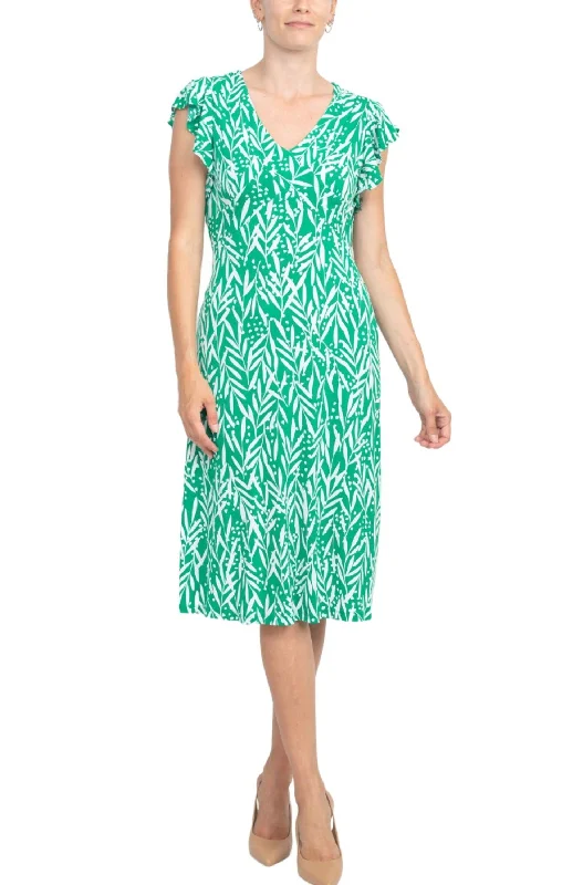 London Times V-Neck Ruffled Sleeve A-Line Jersey Dress