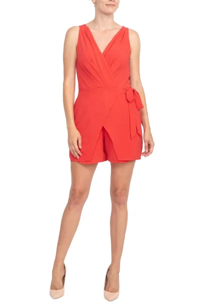 London Times V-Neck Sleeveless Pleated Tie Waist Zipper Back Solid Crepe Romper