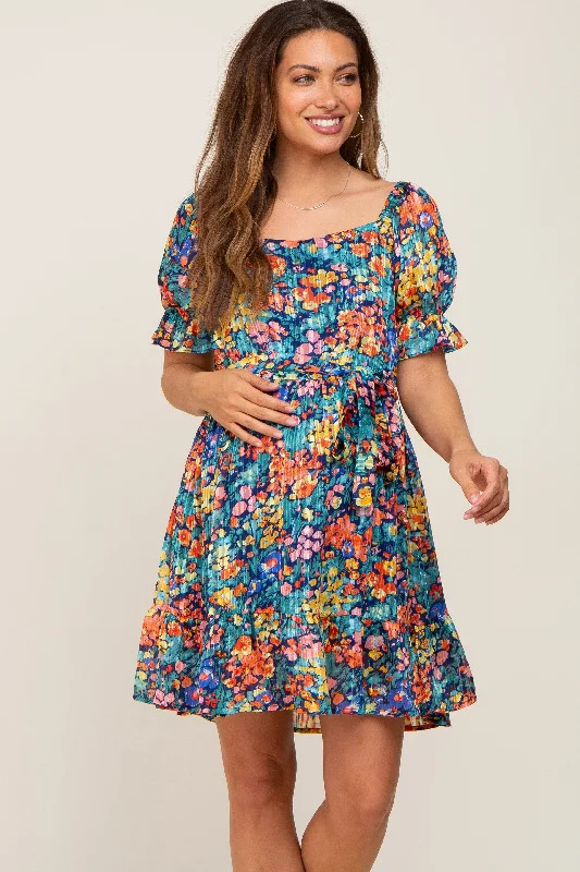 Navy Floral Chiffon Ruffle Accent Maternity Dress