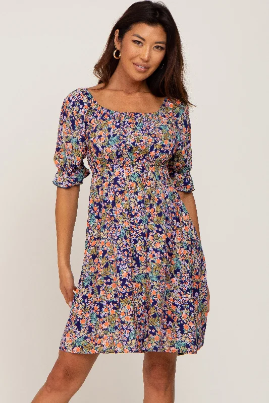 Navy Floral Cinched Short Sleeve Dress