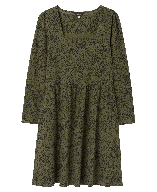 Neve Jersey Long Sleeve Dress - Green Feather Print