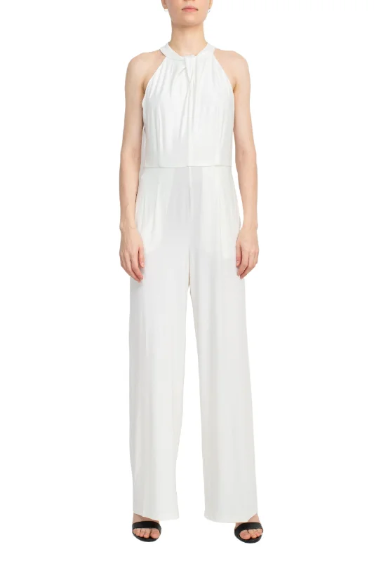 Nina Leonard Crossed Neck Sleeveless Keyhole Back Solid Jersey Jumpsuit