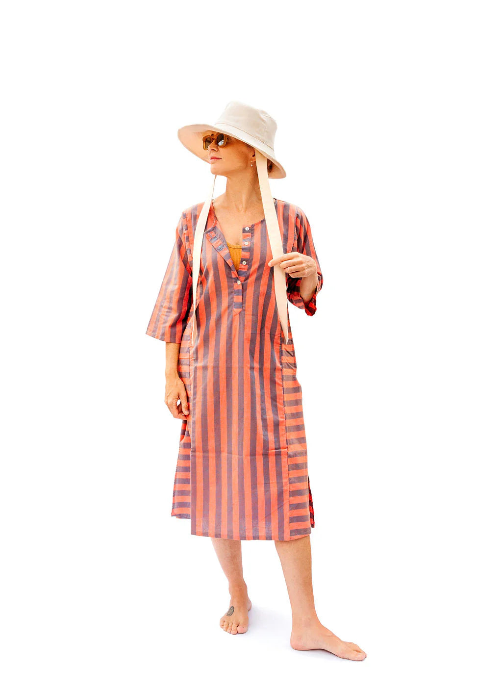 Punkwasp Beach Tunic Dress - Coral & Grey Stripe