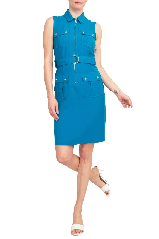 Stylish Sharagano Belted Zip Front Dress with Pockets