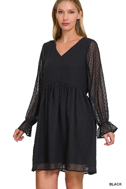 Swiss Dot LS Dress - Black