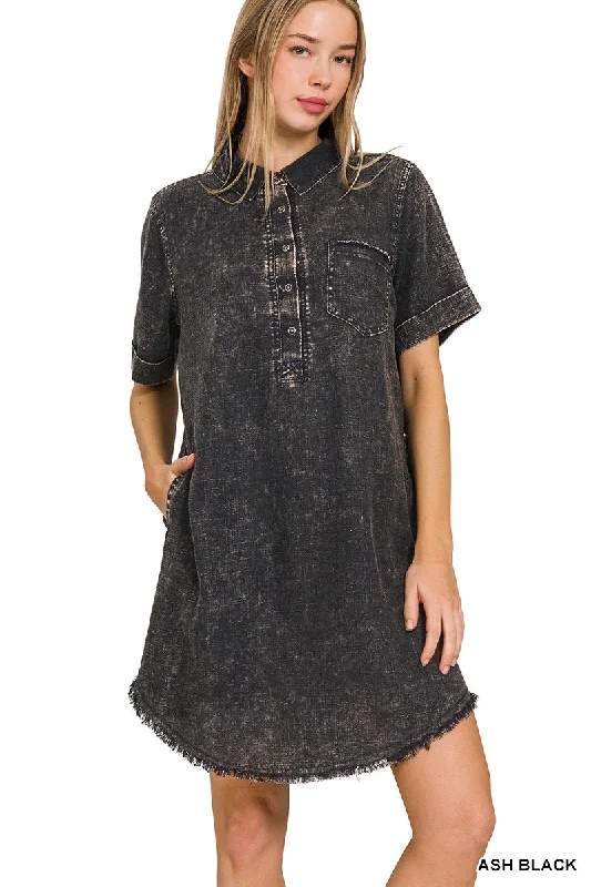 Washed Linen Raw Hem Dress -Black