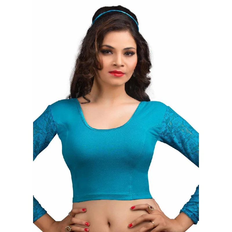 Designer Firozi Non-Padded Cotton Lycra Stretchable Netted Long Sleeves Saree Blouse Crop Top (A-16-Firozi)