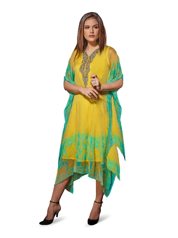 Electric Yellow And Green Kaftan Style Long Kurti