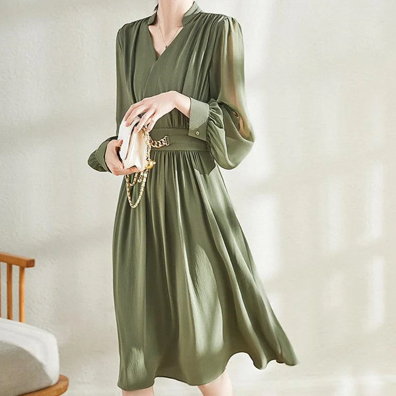 Fashion Tucked Waist Pleated Chiffon Bubble Long-sleeved OL Commuter Skirt