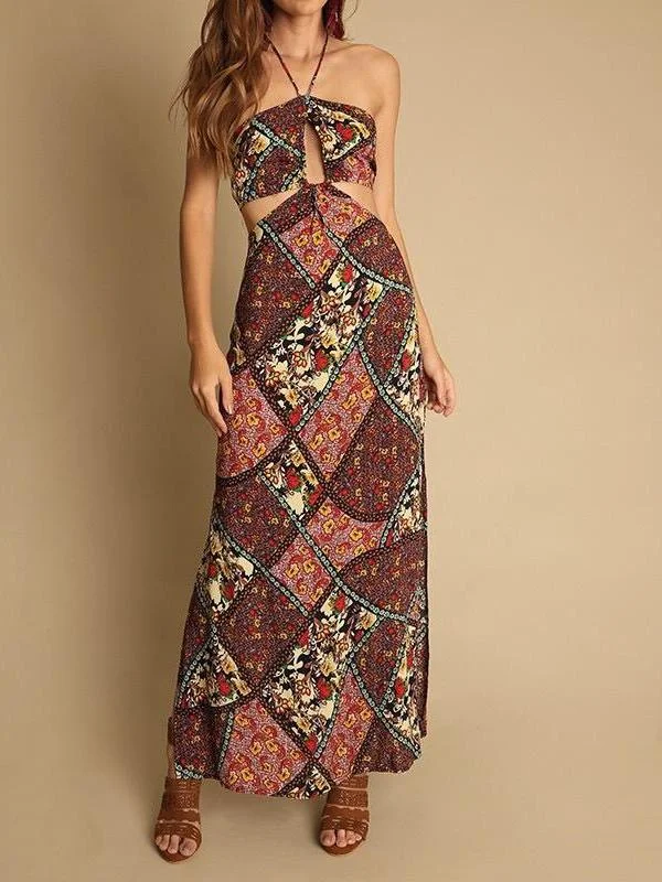 Holiday style floral beach skirt hanging neck long dress print halter skirt