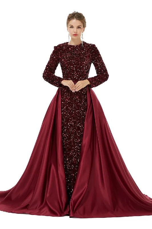 Long sleeve Sequin Corset Prom Dresses with Detachable Skirt outfit