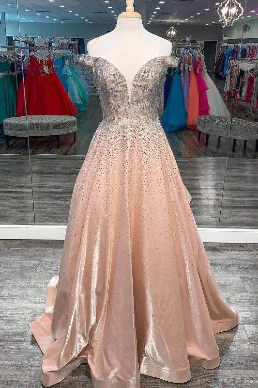 Off the Shoulder Beaded Satin Long Prom Gown