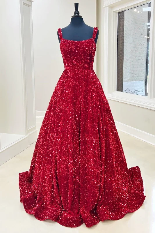 Red Sequin Square Neck Backless A-Line Long Prom Gown