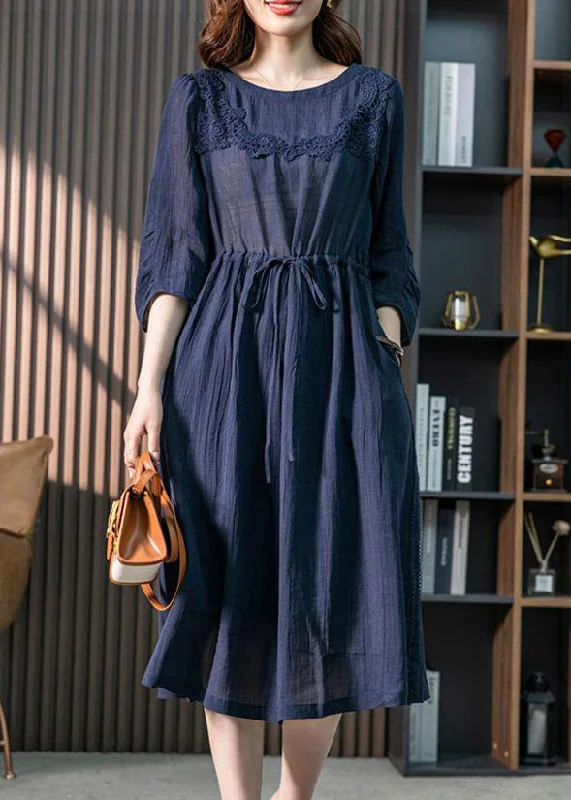 Brief Blue O-Neck Lace Patchwork Tie Waist Linen Long Dresses Spring LY1742