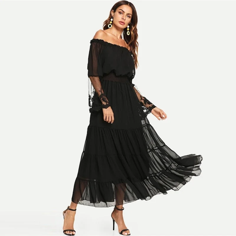 Women's Off Shoulder Lace Ruffle A-Line Dress