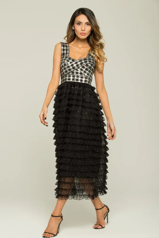 Black and White Check Tiered Ruffle Lace Dress