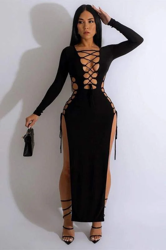 LACE DOWN SPLIT LONG DRESS