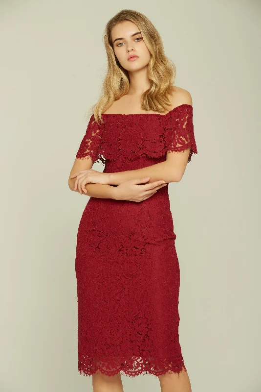 Maroon Off the Shoulder Lace Dress