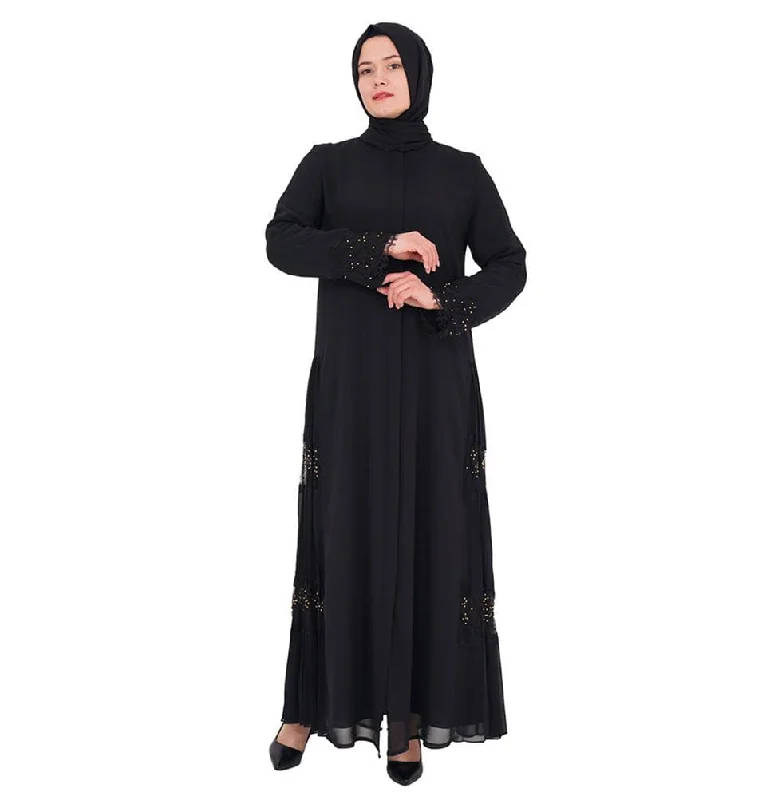 Modest Women's Beaded Embroidered Lace Abaya - 153 Black