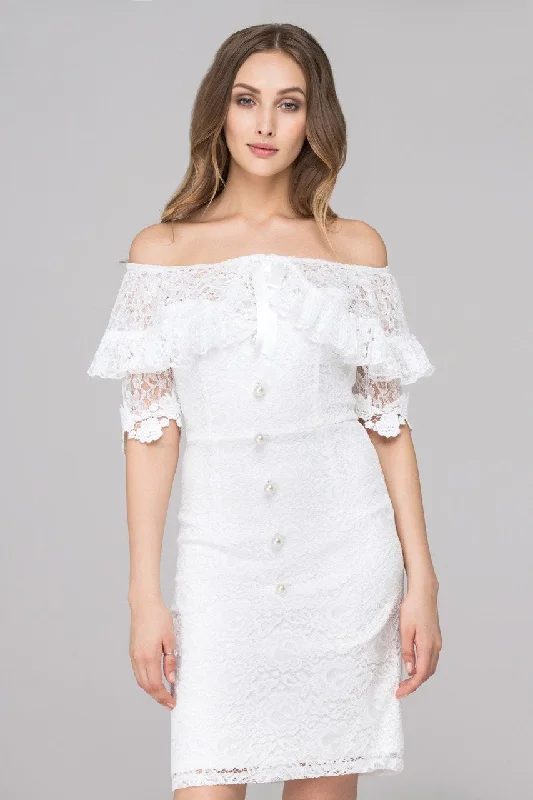 White Pearl Button Lace Drop-Shoulder Sheath Dress