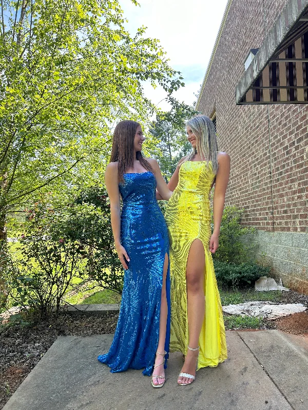 Blush Prom 12124 Fitted Sequin Dress with Strappy Back and Slit - Royal Blue or Yellow