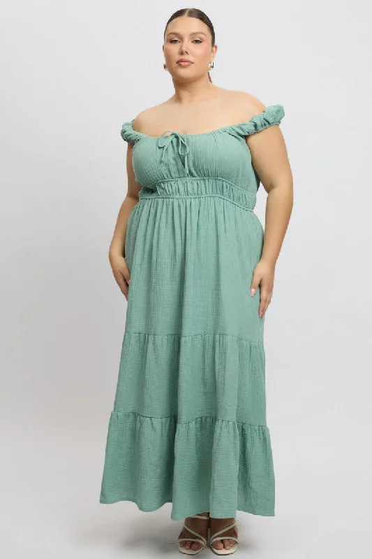 Green Midi Dress Short Sleeve Ruched