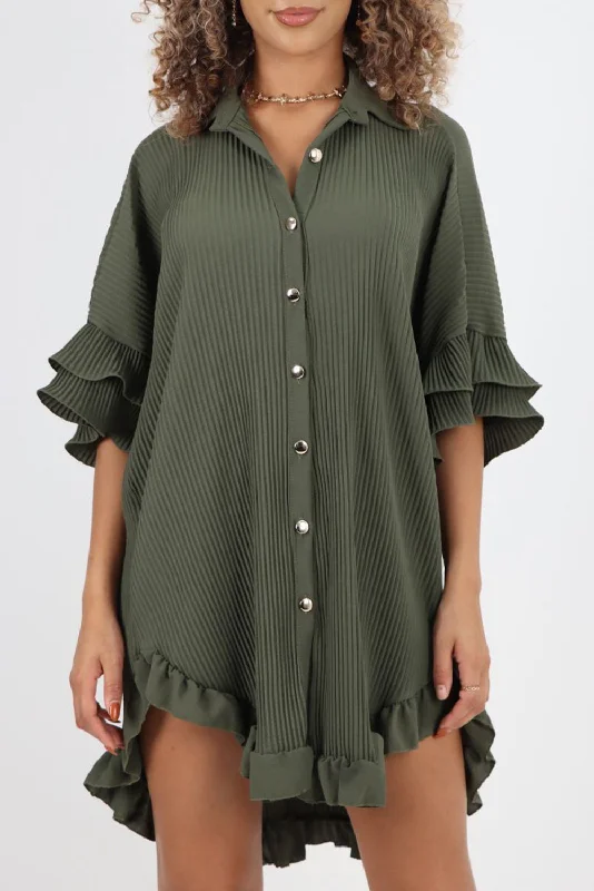 Moss Green Pleated Ruffle Sleeve Oversized Shirt Dress