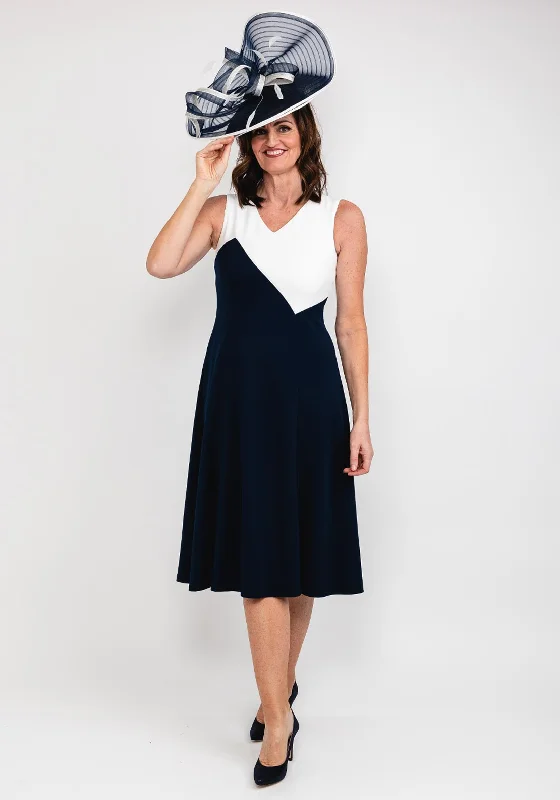 Tia Colour Block Flared Midi Dress, Navy & White